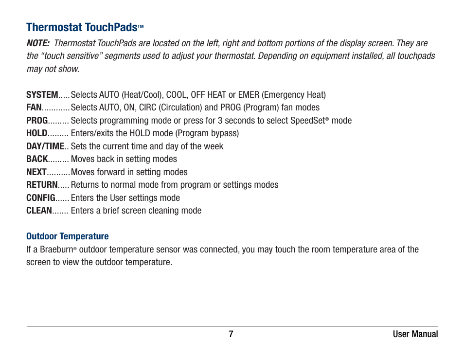 Thermostat touchpads | Braeburn 5320 User Manual User Manual | Page 7 / 35