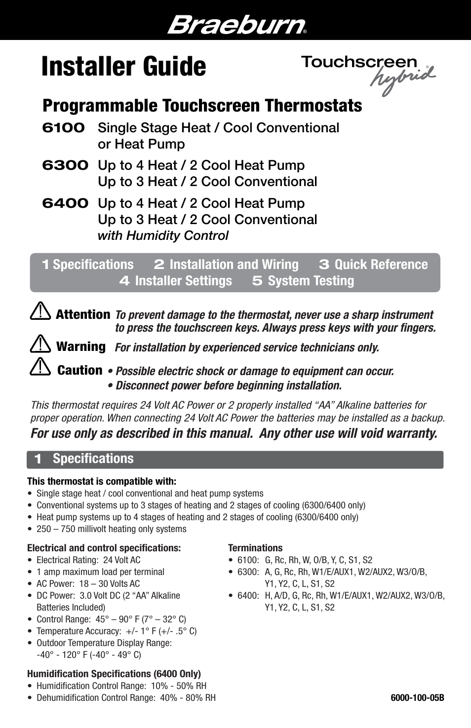 Braeburn 6400 Installer Guide User Manual | 18 pages