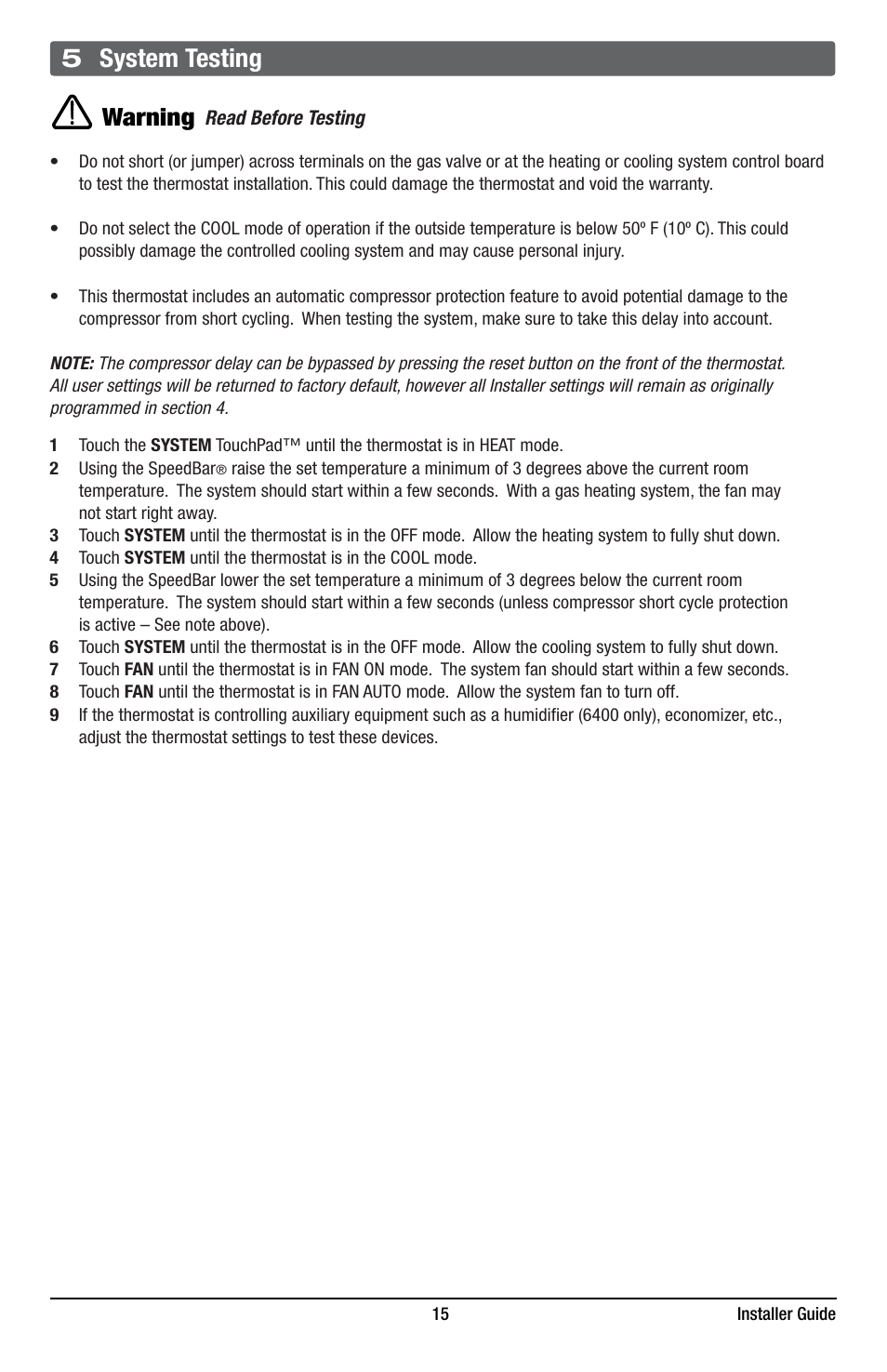 5 system testing, Warning | Braeburn 6400 Installer Guide User Manual | Page 15 / 18