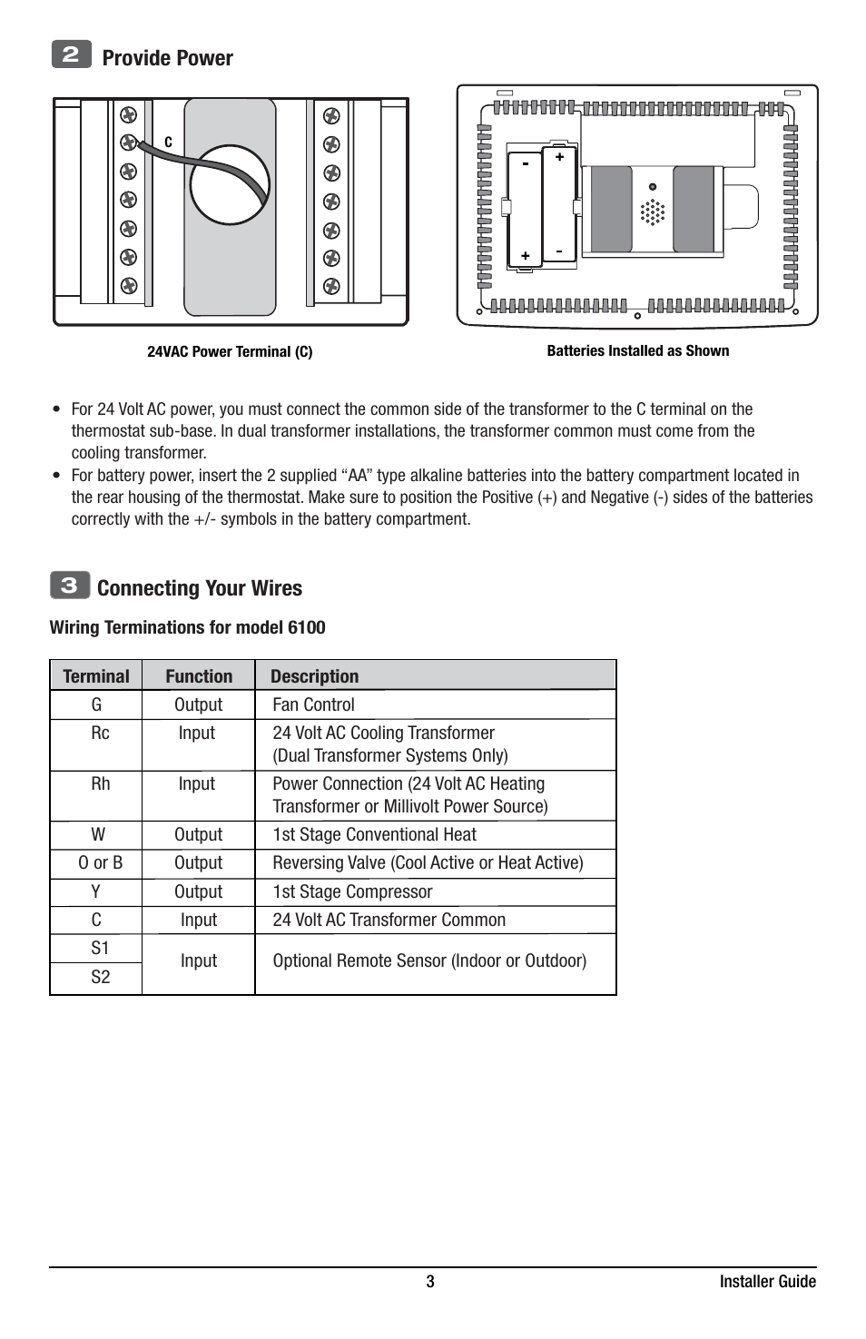 Provide power, Connecting your wires 3 | Braeburn 6400 Installer Guide User Manual | Page 3 / 18