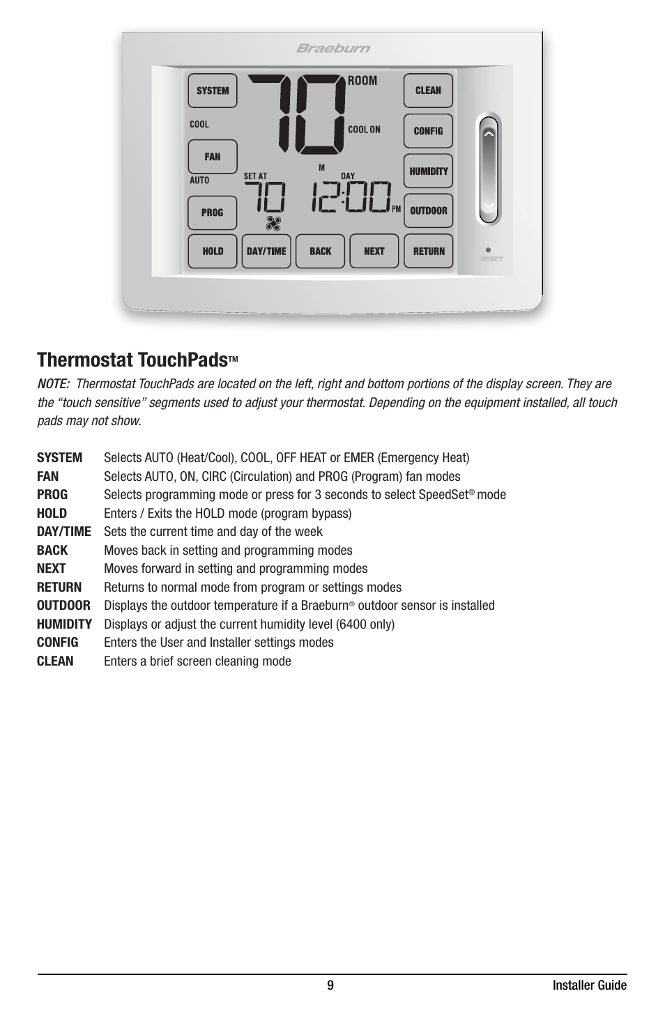 Thermostat touchpads | Braeburn 6400 Installer Guide User Manual | Page 9 / 18