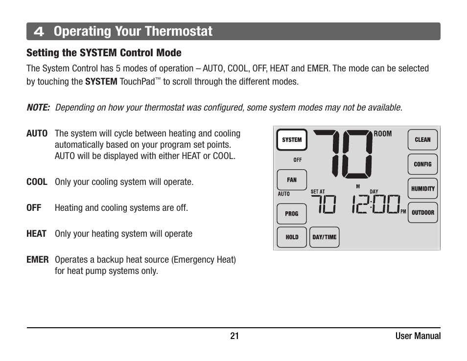 4 operating your thermostat | Braeburn 6400 User Manual User Manual | Page 21 / 38