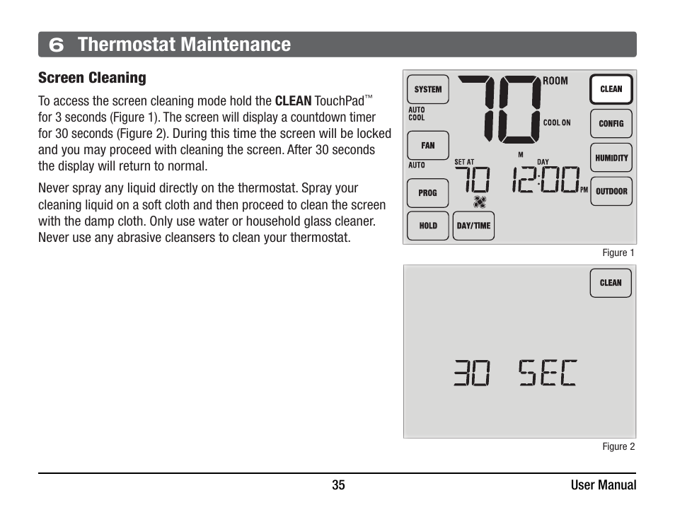 6 thermostat maintenance, Screen cleaning | Braeburn 6400 User Manual User Manual | Page 35 / 38