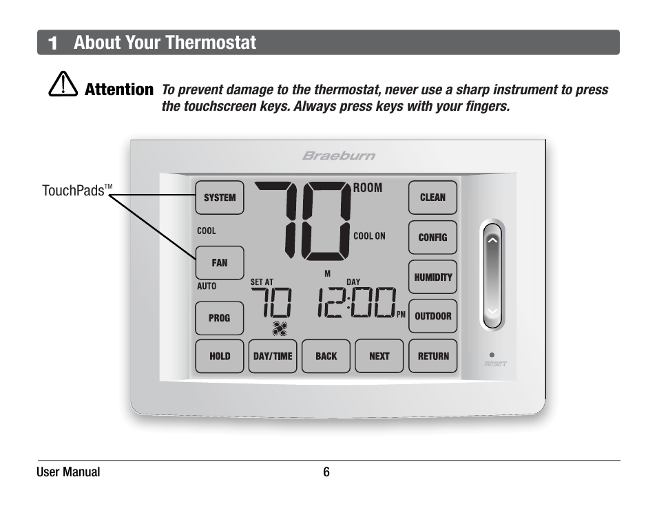 1 about your thermostat, Attention | Braeburn 6400 User Manual User Manual | Page 6 / 38