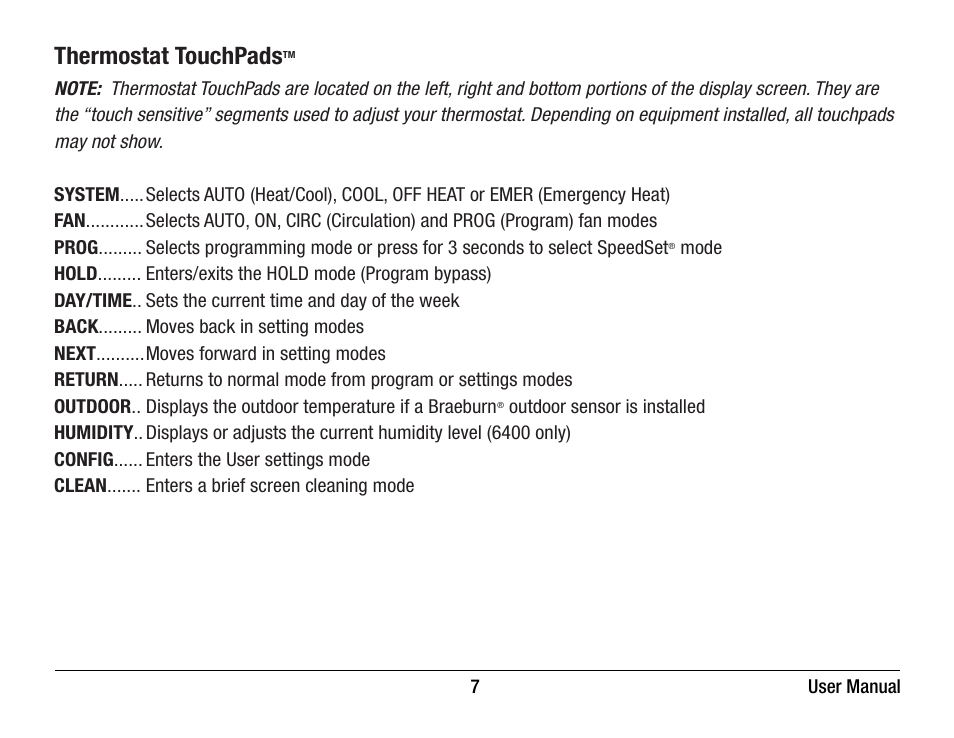 Thermostat touchpads | Braeburn 6400 User Manual User Manual | Page 7 / 38