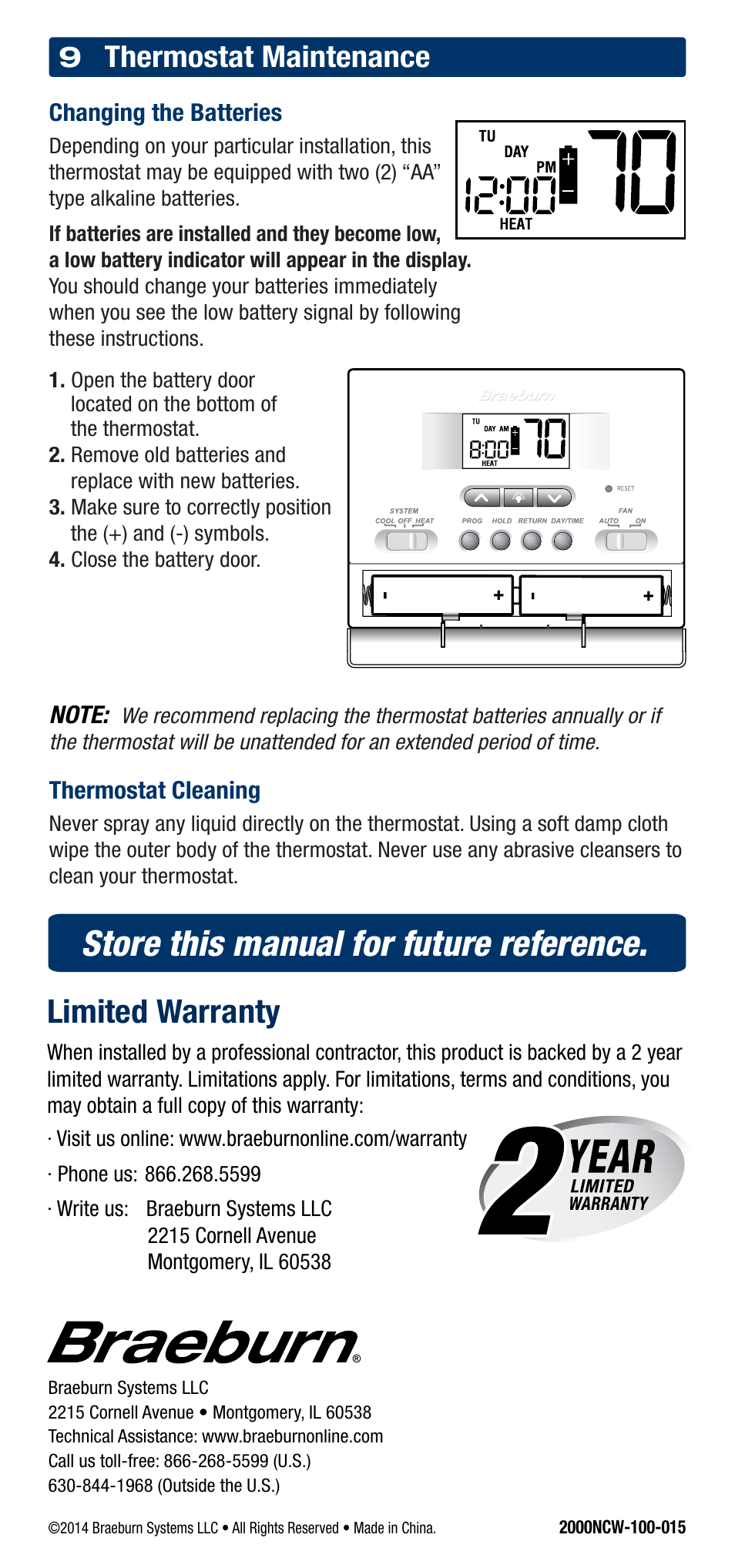 Store this manual for future reference, Limited warranty, Thermostat maintenance | Braeburn 2200NC User Manual | Page 13 / 13