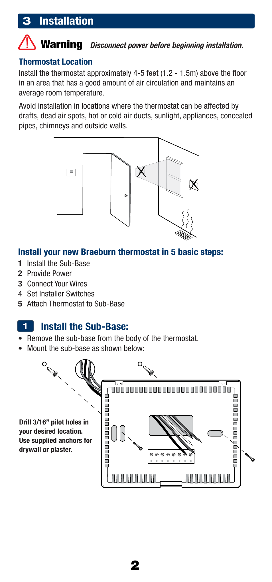 Installation warning | Braeburn 2200NC User Manual | Page 3 / 13