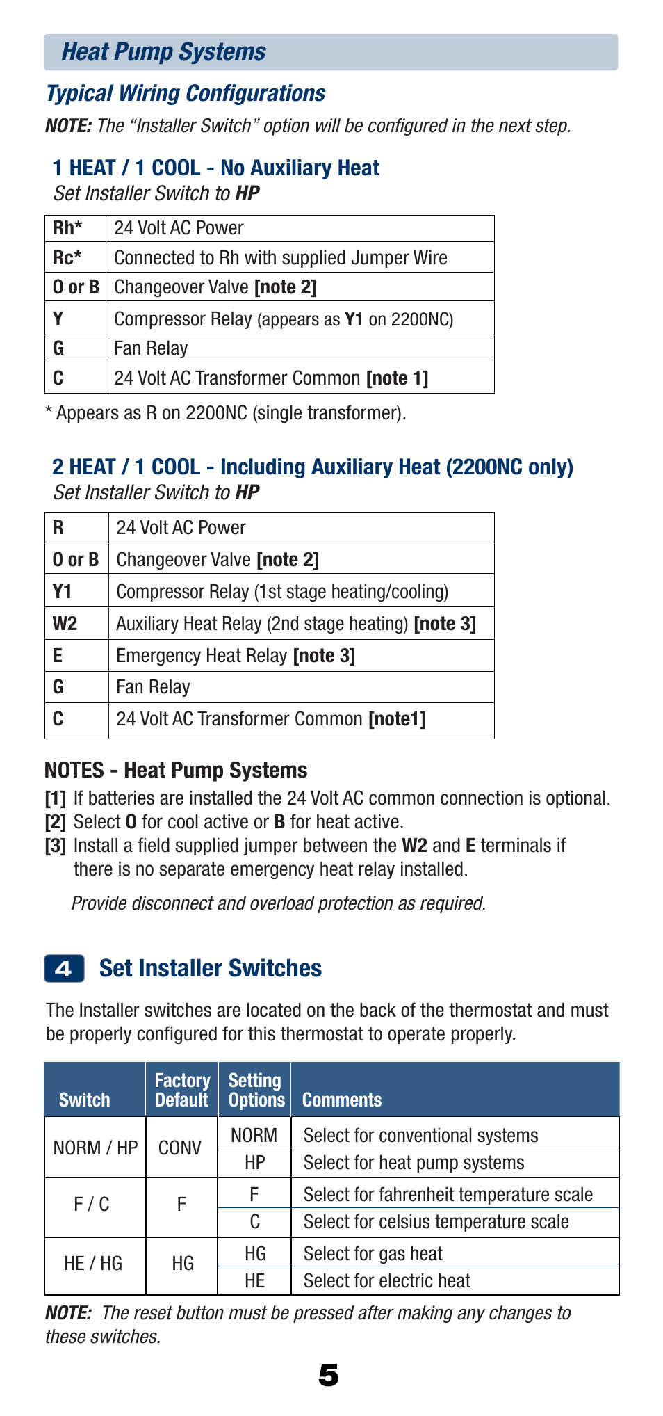 Set installer switches, Heat pump systems | Braeburn 2200NC User Manual | Page 6 / 13