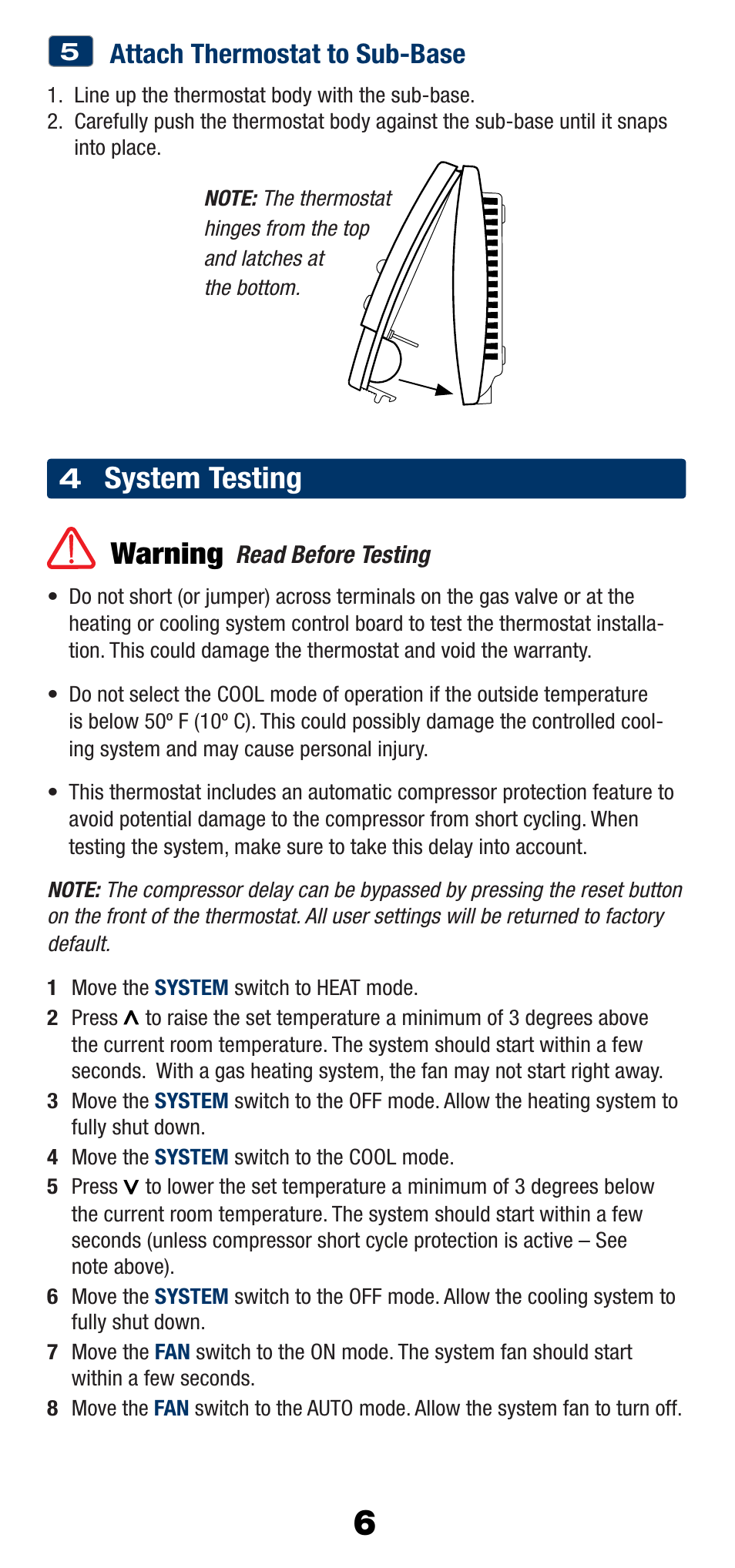 System testing warning, Attach thermostat to sub-base | Braeburn 2200NC User Manual | Page 7 / 13