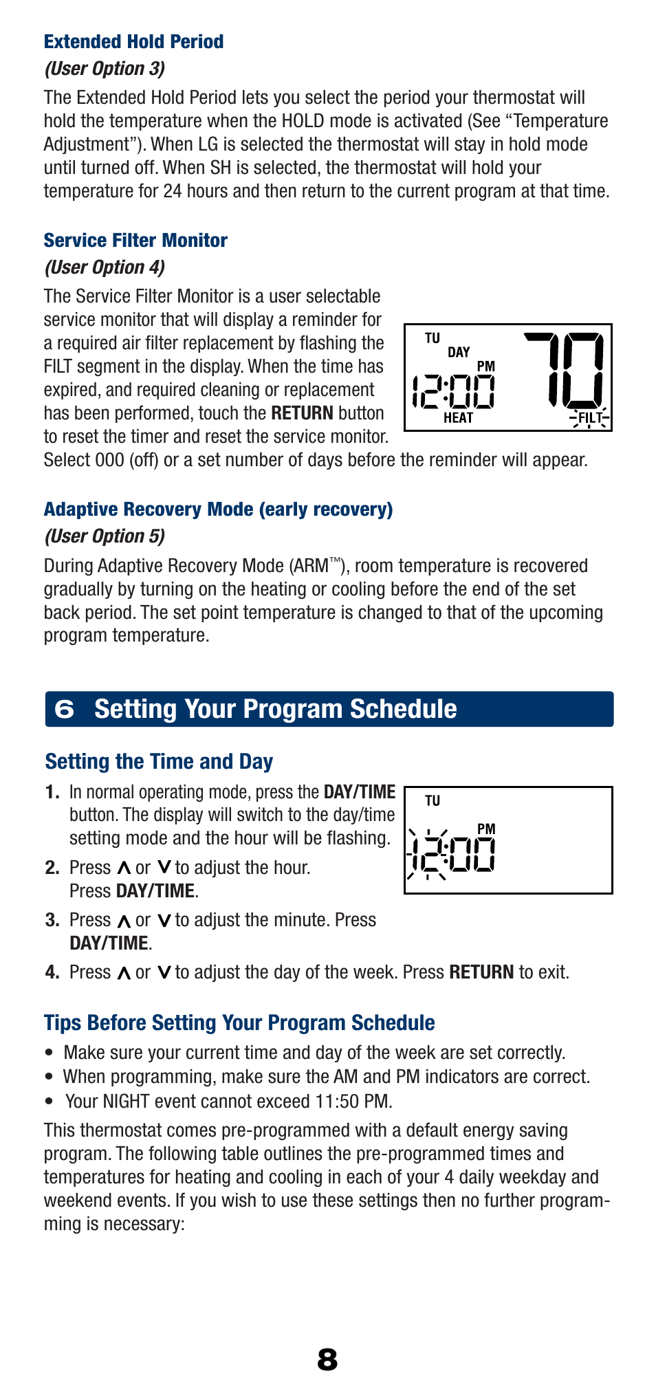 Setting your program schedule | Braeburn 2200NC User Manual | Page 9 / 13