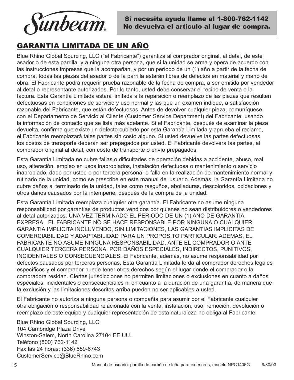 Garantia limitada de un año | Blue Rhino NPC1406G User Manual | Page 16 / 24