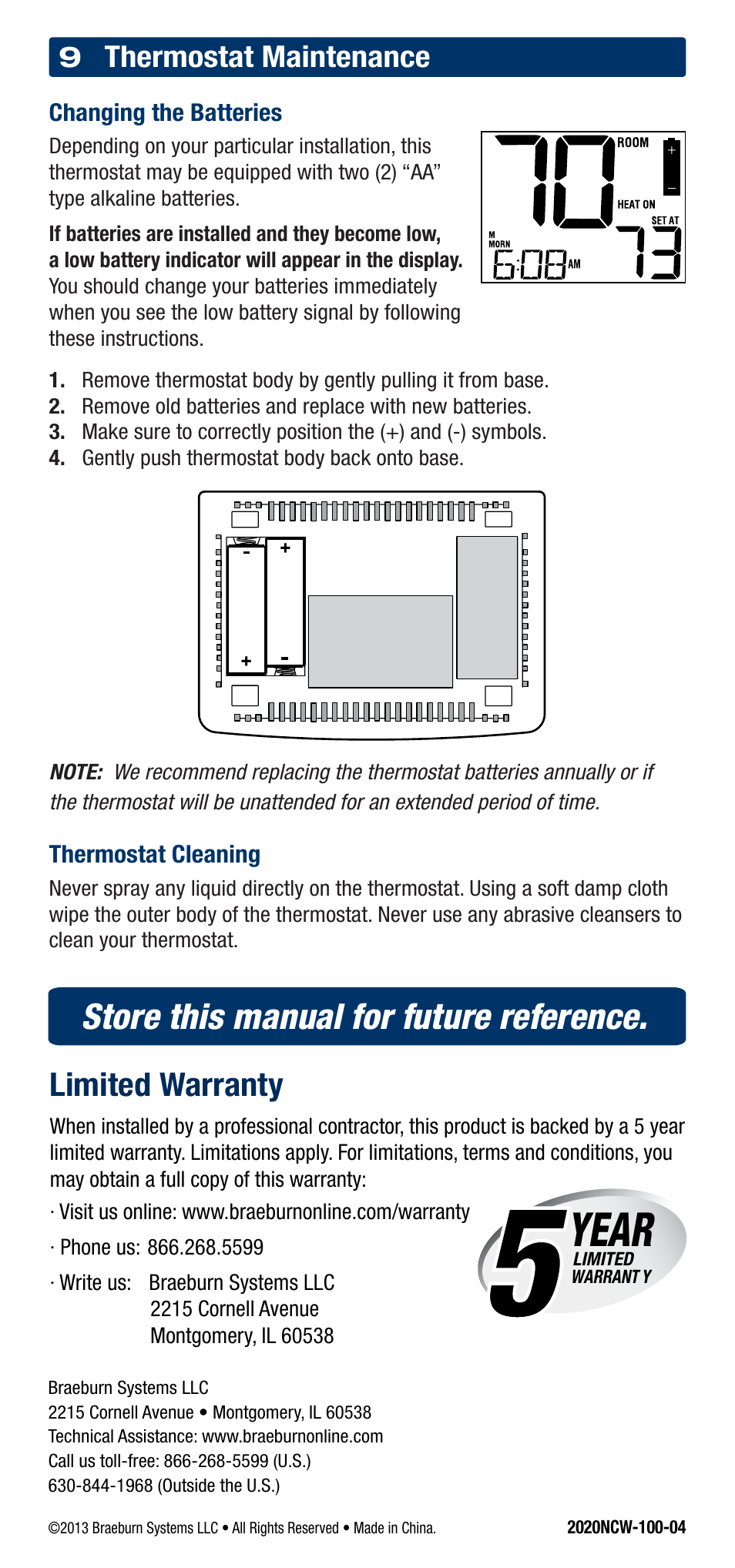 Year, Store this manual for future reference | Braeburn 2220NC User Manual | Page 13 / 13