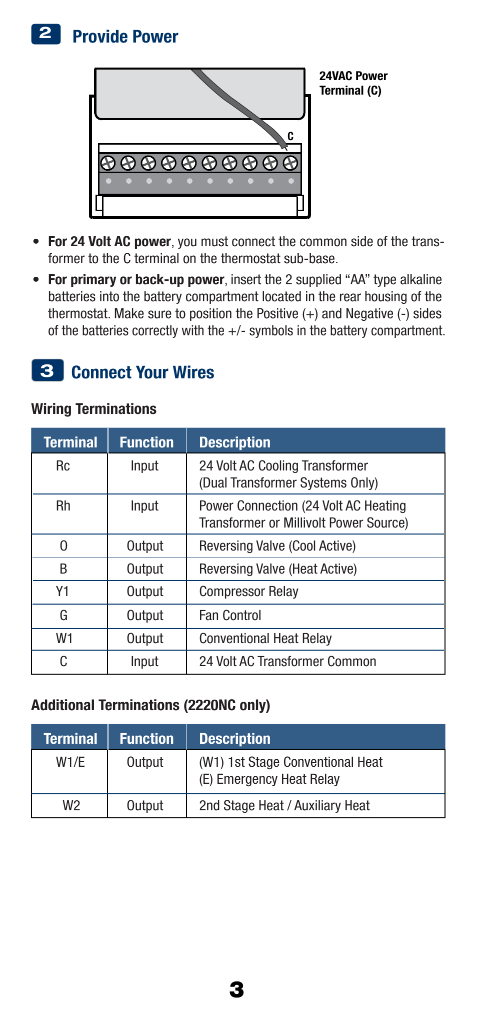 Connect your wires, Provide power | Braeburn 2220NC User Manual | Page 4 / 13