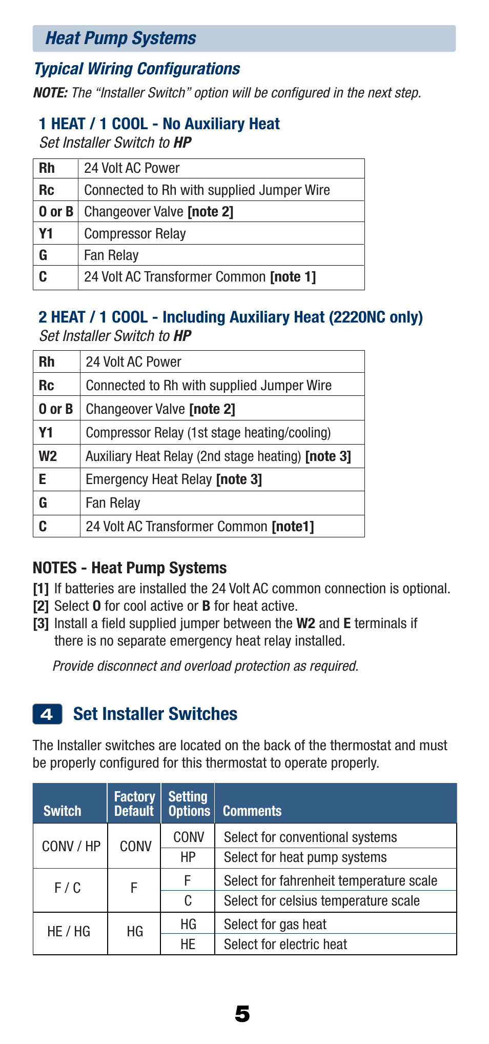 Set installer switches, Heat pump systems | Braeburn 2220NC User Manual | Page 6 / 13