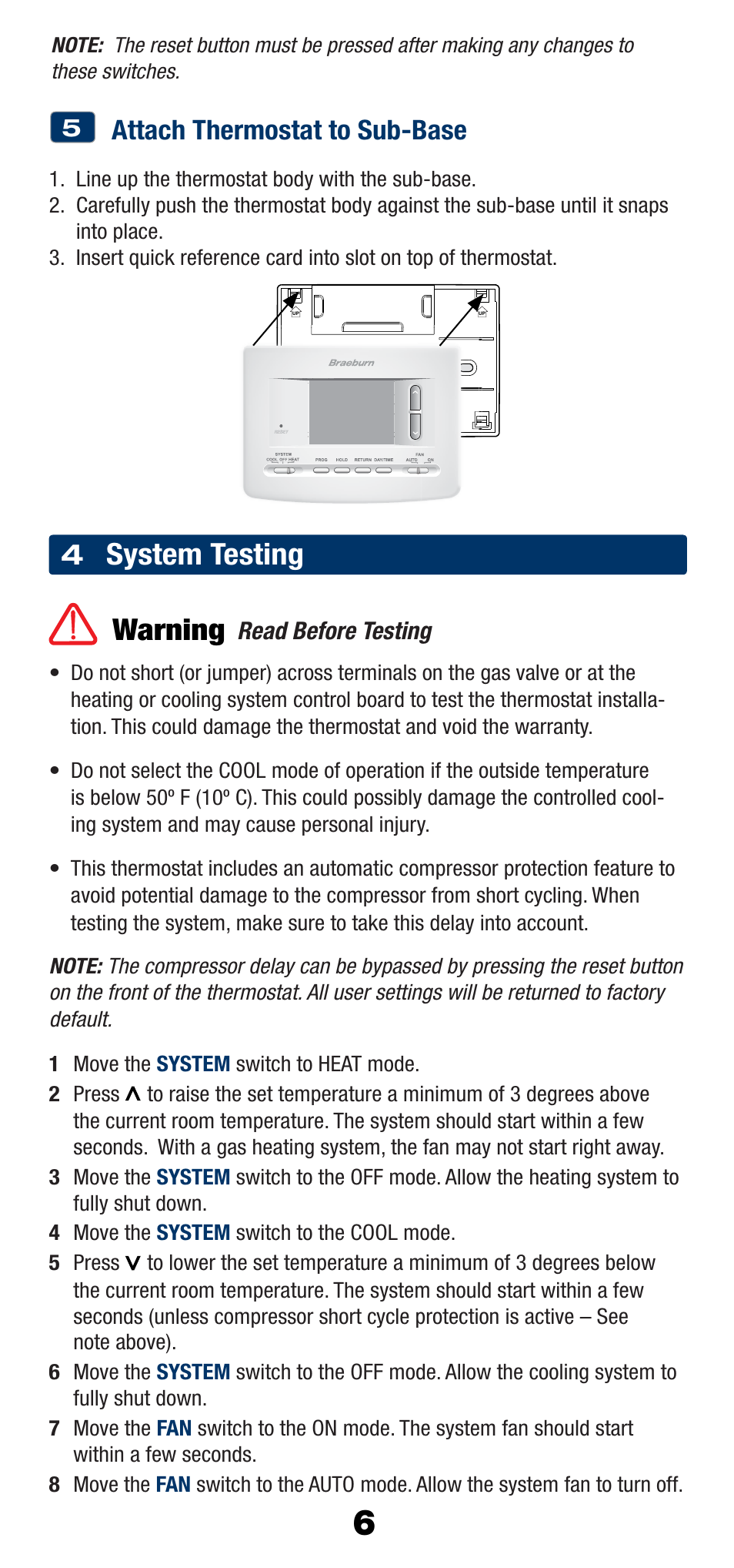 System testing warning, Attach thermostat to sub-base | Braeburn 2220NC User Manual | Page 7 / 13