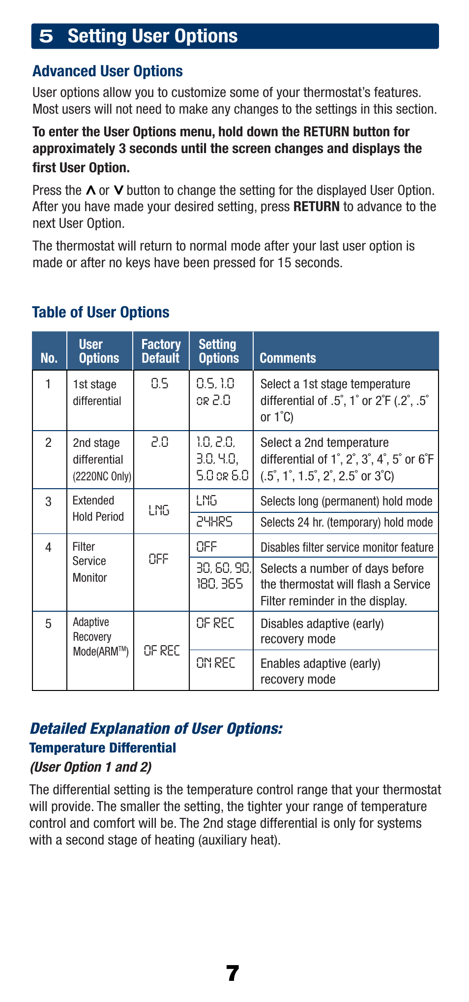 Setting user options, Advanced user options | Braeburn 2220NC User Manual | Page 8 / 13