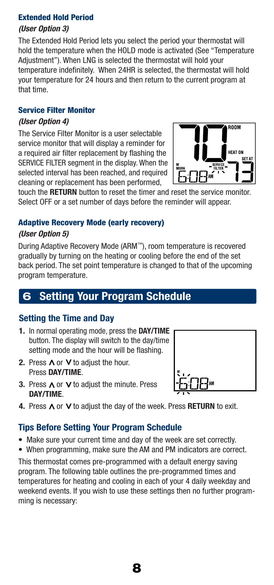 Setting your program schedule | Braeburn 2220NC User Manual | Page 9 / 13