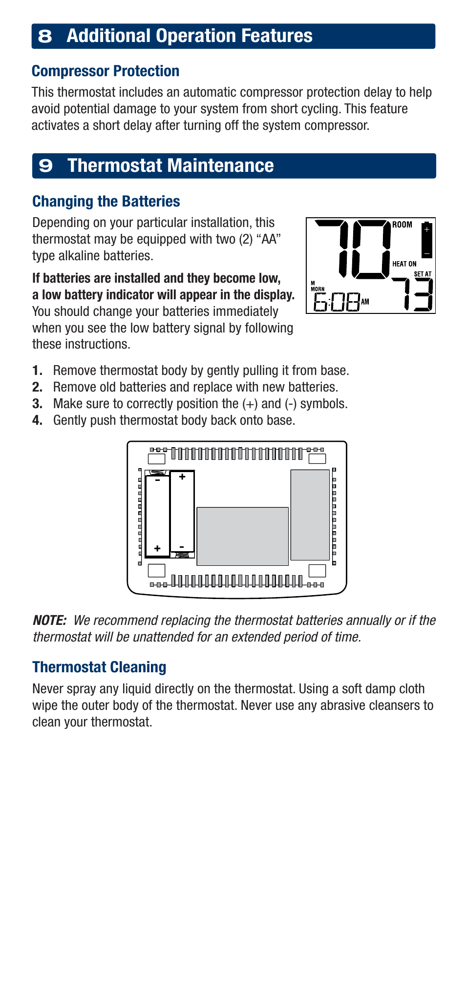 Additional operation features, Thermostat maintenance | Braeburn 2220 User Manual | Page 14 / 15