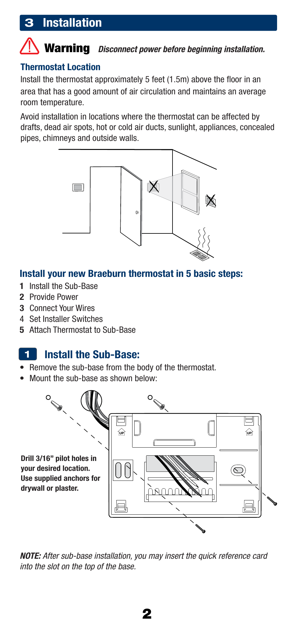 Installation warning, Install the sub-base | Braeburn 2220 User Manual | Page 3 / 15