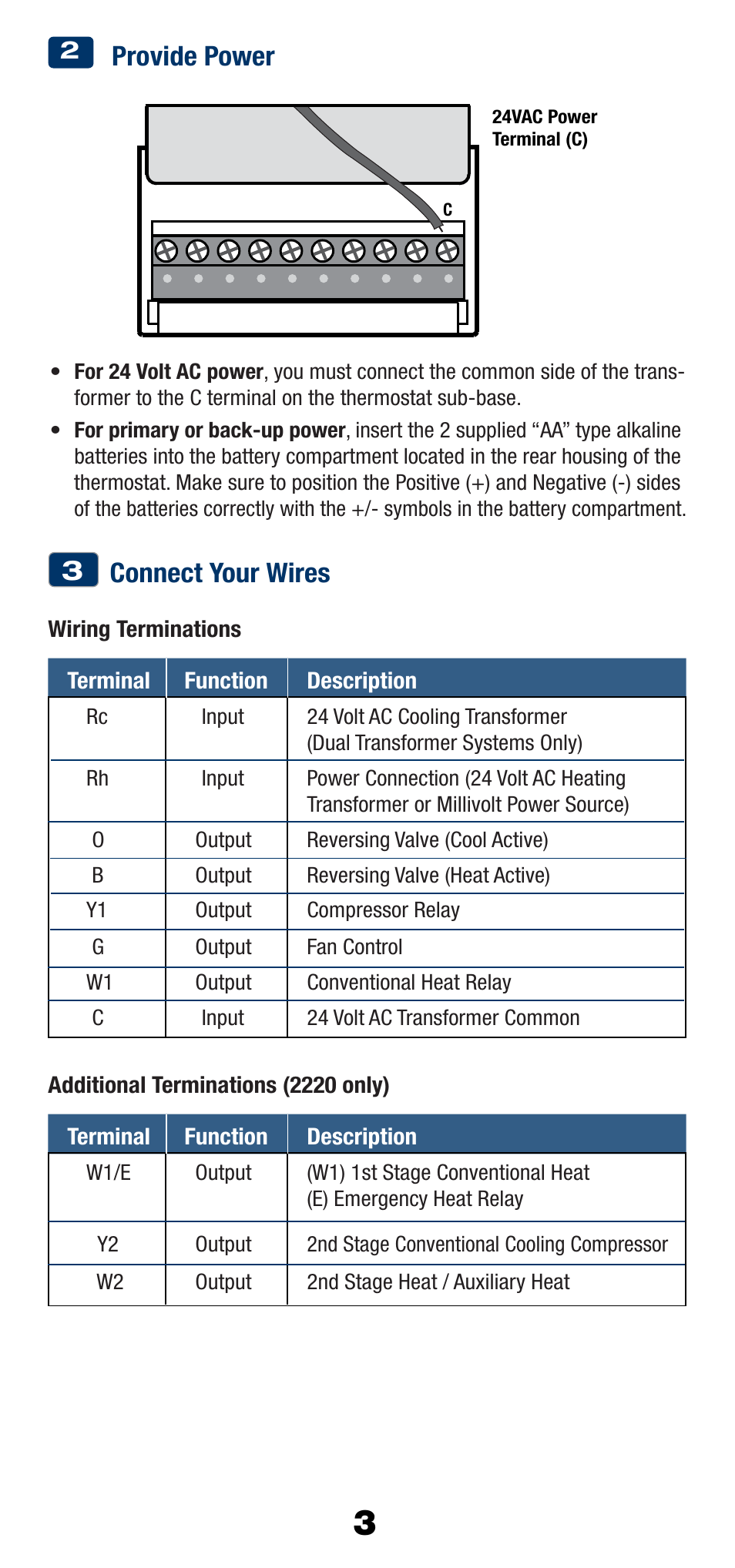 Connect your wires, Provide power | Braeburn 2220 User Manual | Page 4 / 15