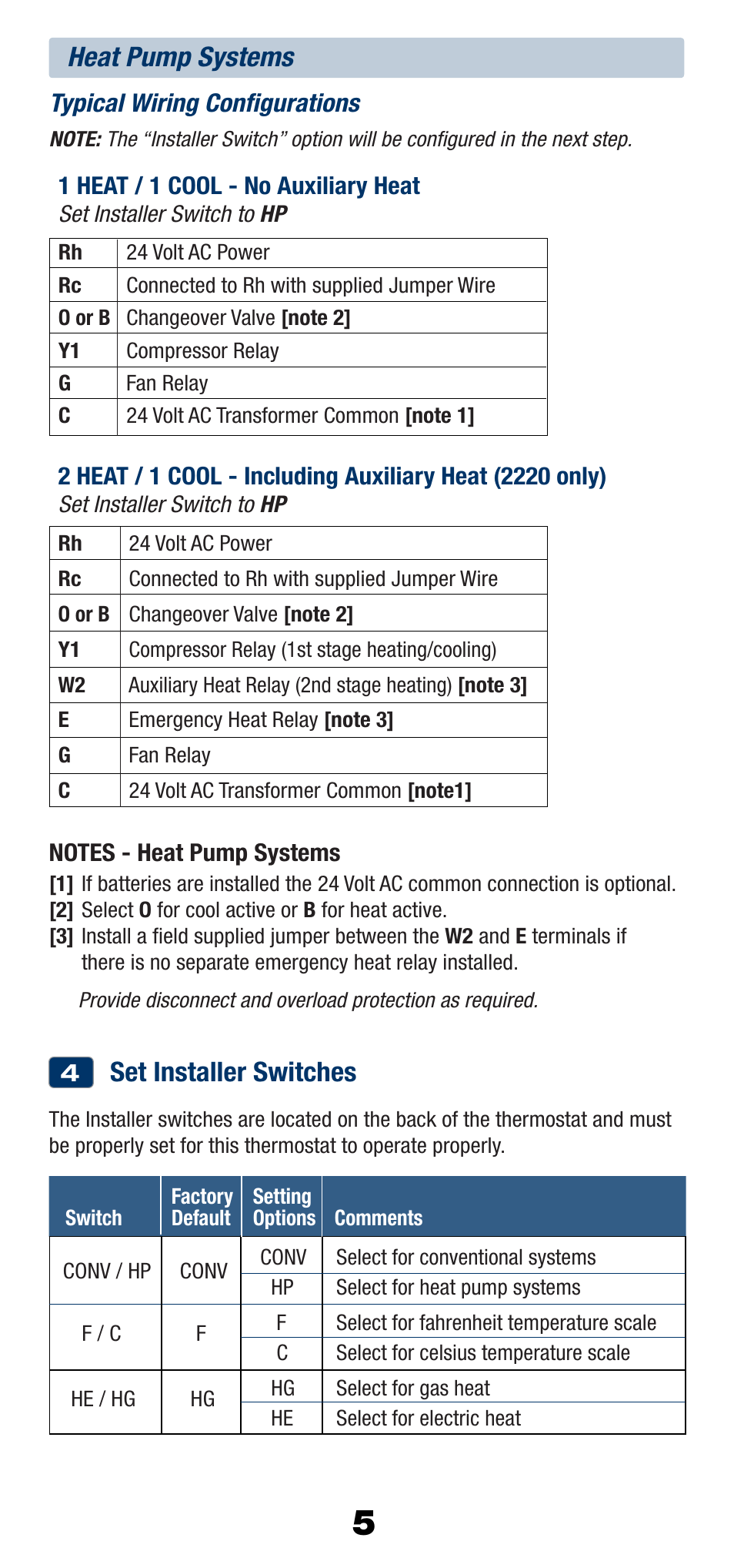 Set installer switches, Heat pump systems | Braeburn 2220 User Manual | Page 6 / 15