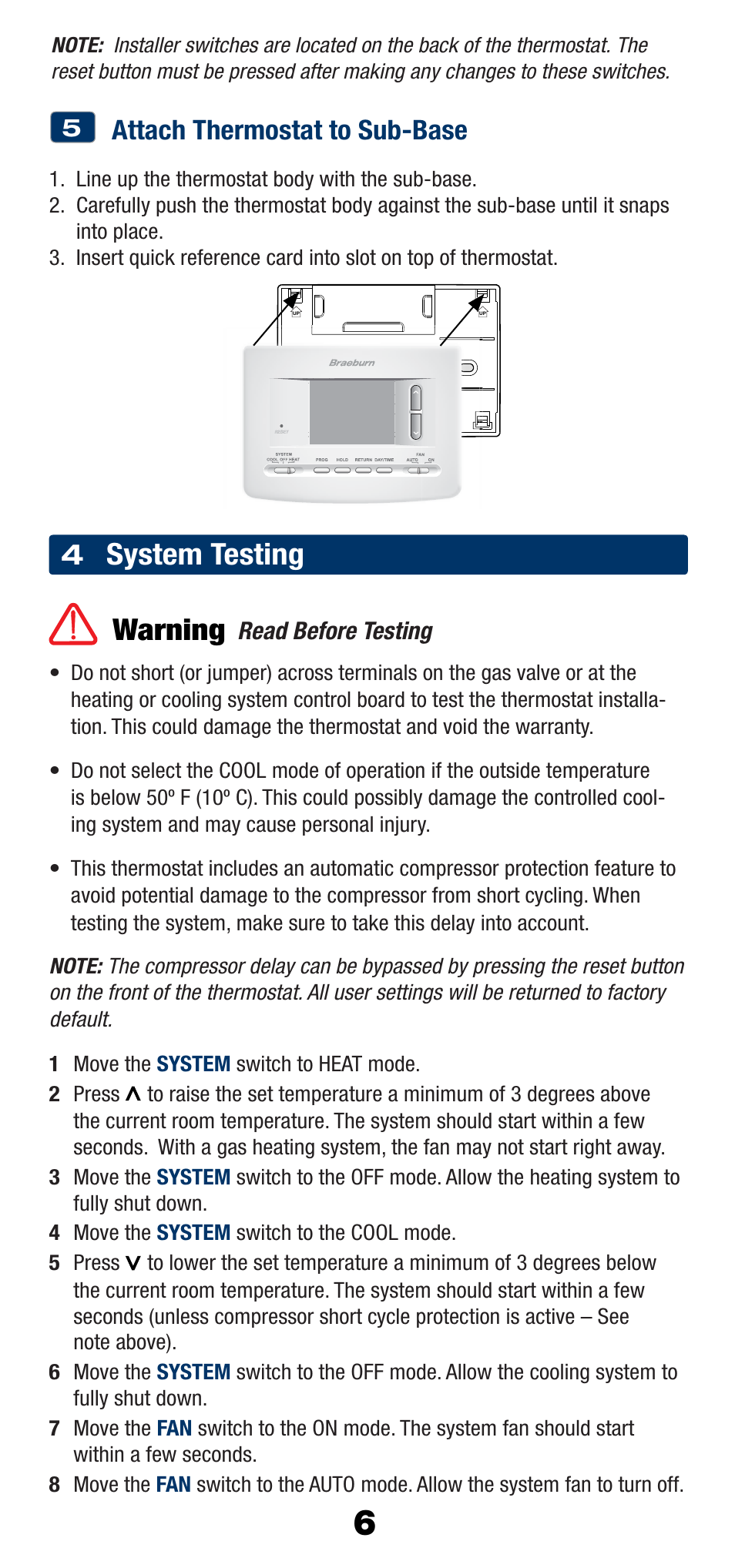 System testing warning, Attach thermostat to sub-base | Braeburn 2220 User Manual | Page 7 / 15