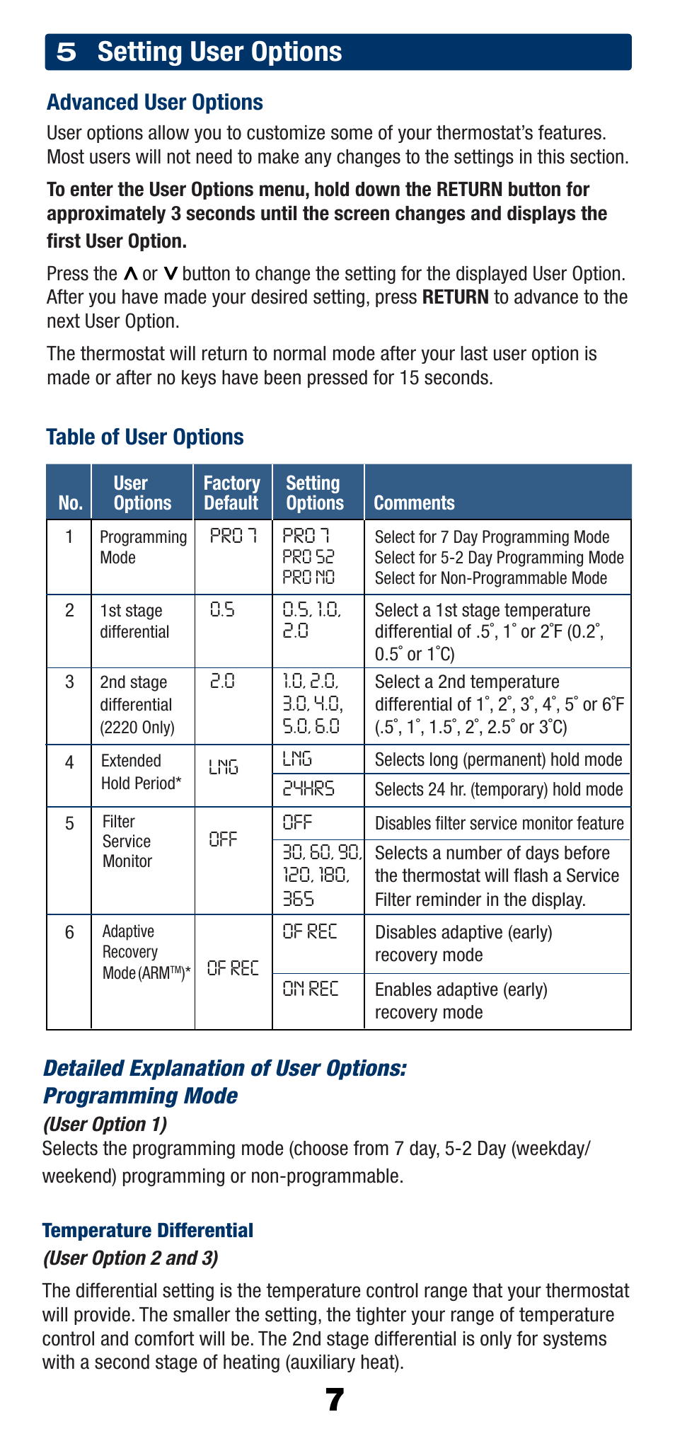 Setting user options, Advanced user options | Braeburn 2220 User Manual | Page 8 / 15