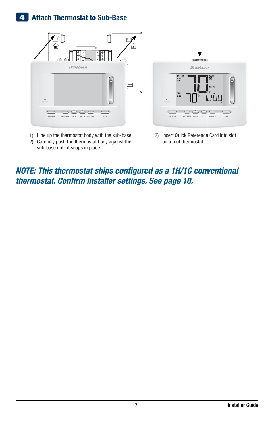 Attach thermostat to sub-base, 7 installer guide | Braeburn 5220 Installer Guide User Manual | Page 7 / 15