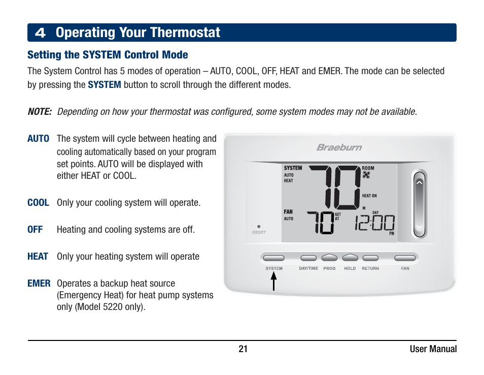 4 operating your thermostat | Braeburn 5220 User Manual User Manual | Page 21 / 35