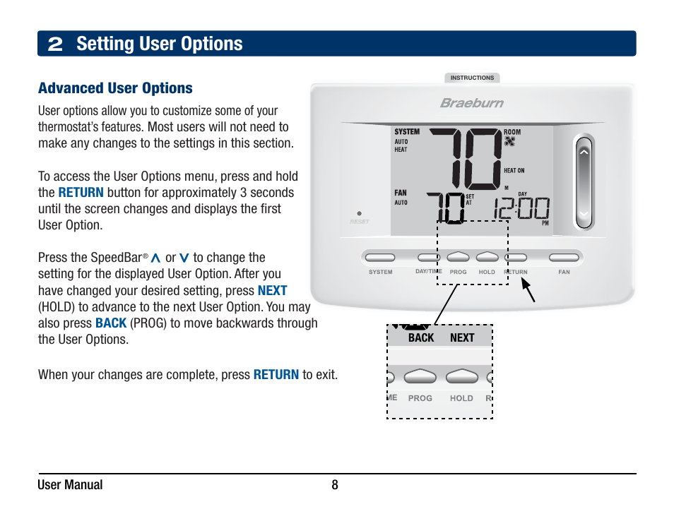 2 setting user options, Advanced user options | Braeburn 5220 User Manual User Manual | Page 8 / 35