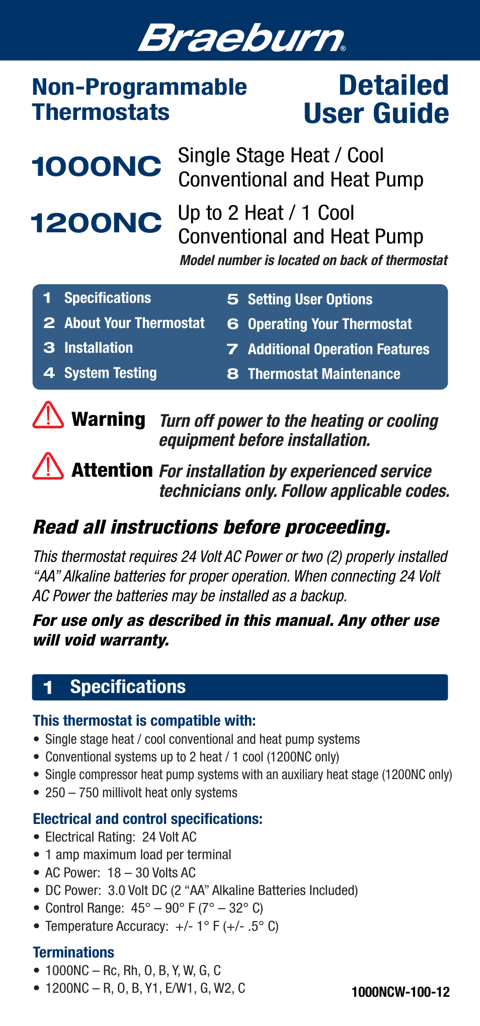 Braeburn 1200NC User Manual | 11 pages