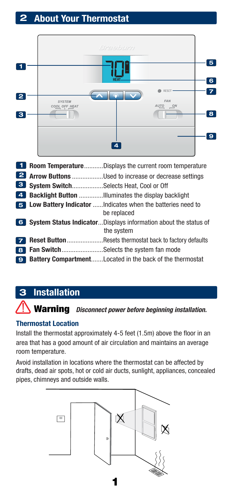 About your thermostat, Installation warning | Braeburn 1200NC User Manual | Page 2 / 11
