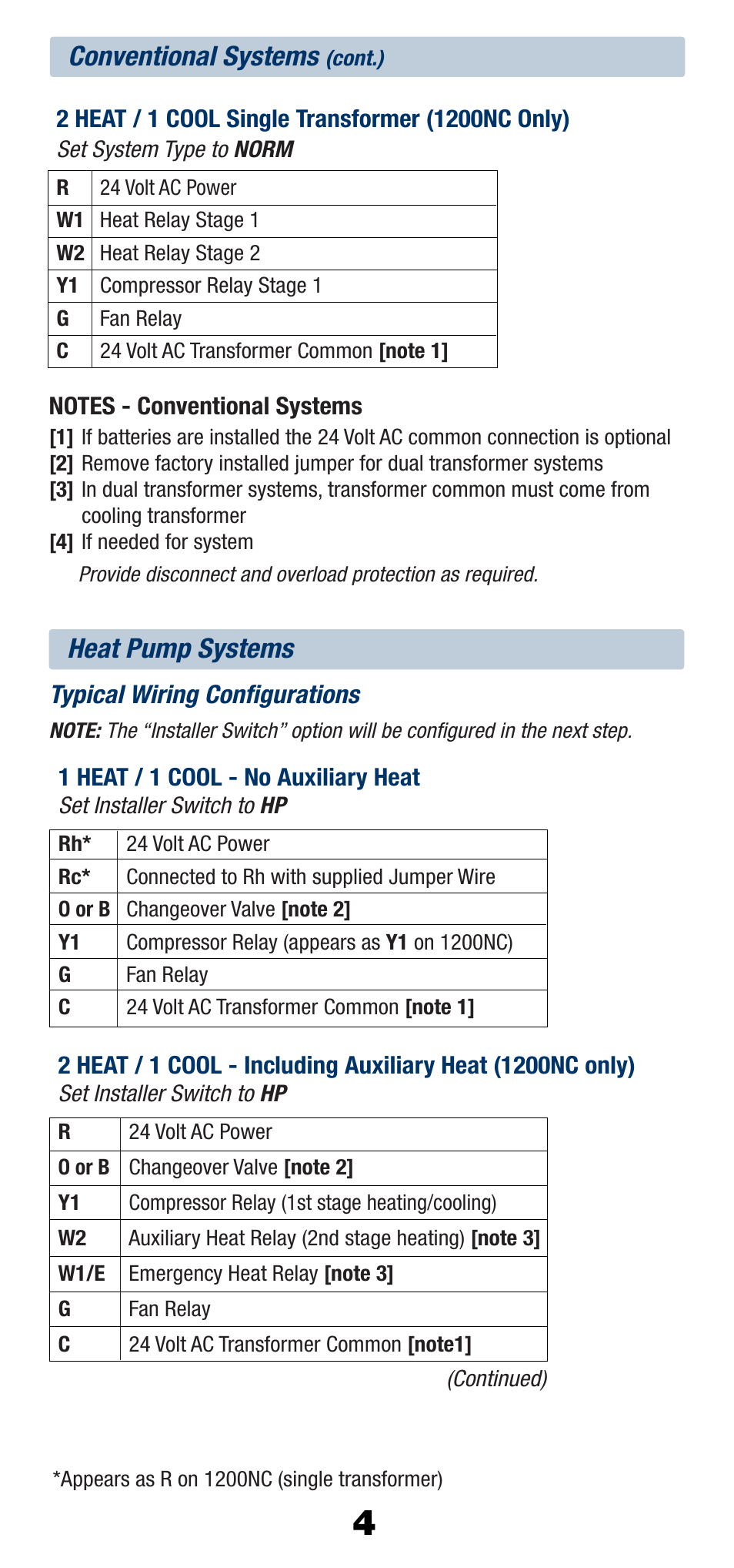 Conventional systems, Heat pump systems | Braeburn 1200NC User Manual | Page 5 / 11