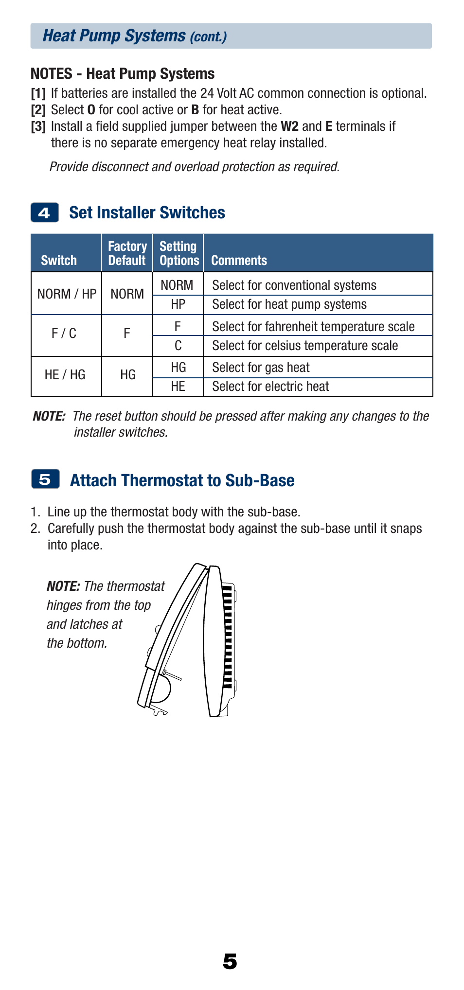 Heat pump systems, Set installer switches, Attach thermostat to sub-base | Braeburn 1200NC User Manual | Page 6 / 11