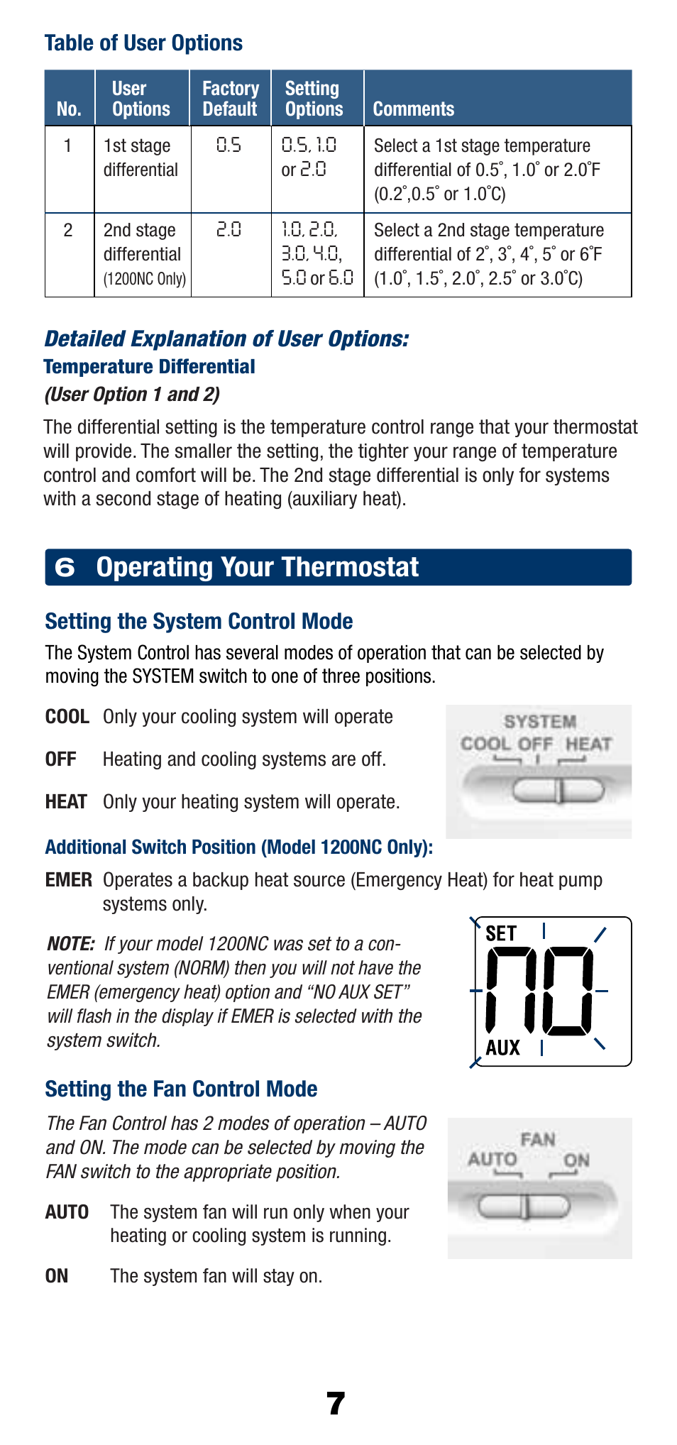 Operating your thermostat, Setting the system control mode, Setting the fan control mode | Braeburn 1200NC User Manual | Page 8 / 11