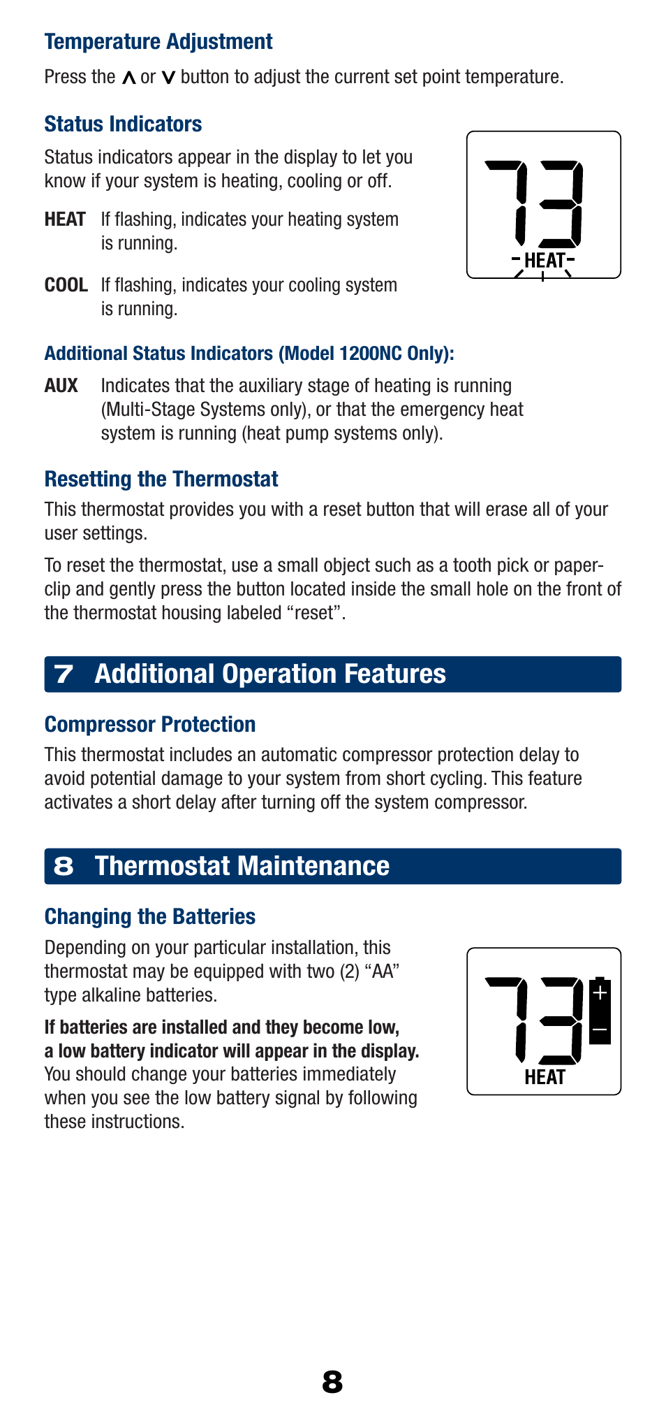 Additional operation features, Thermostat maintenance | Braeburn 1200NC User Manual | Page 9 / 11