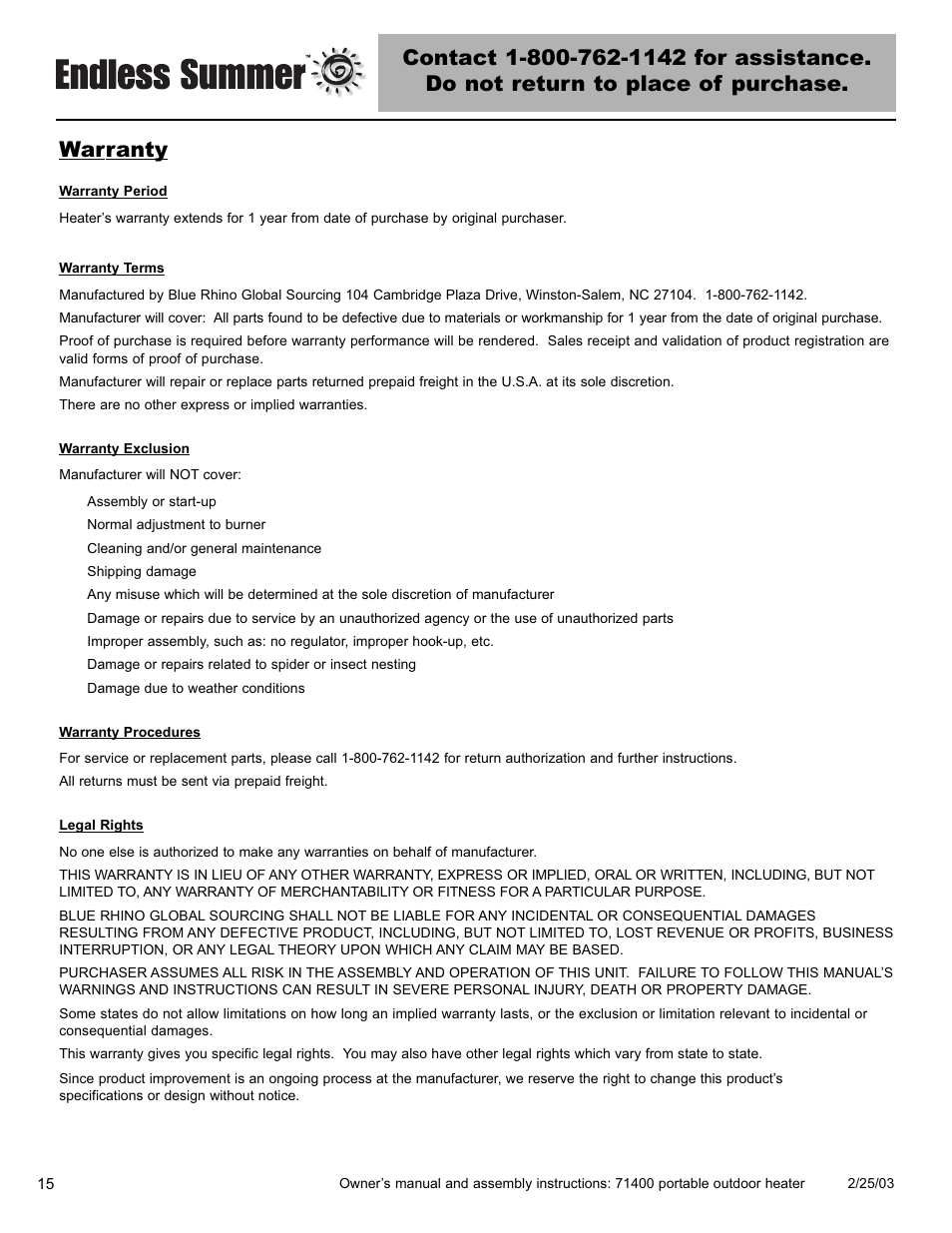 Warranty | Blue Rhino 71400 User Manual | Page 16 / 40