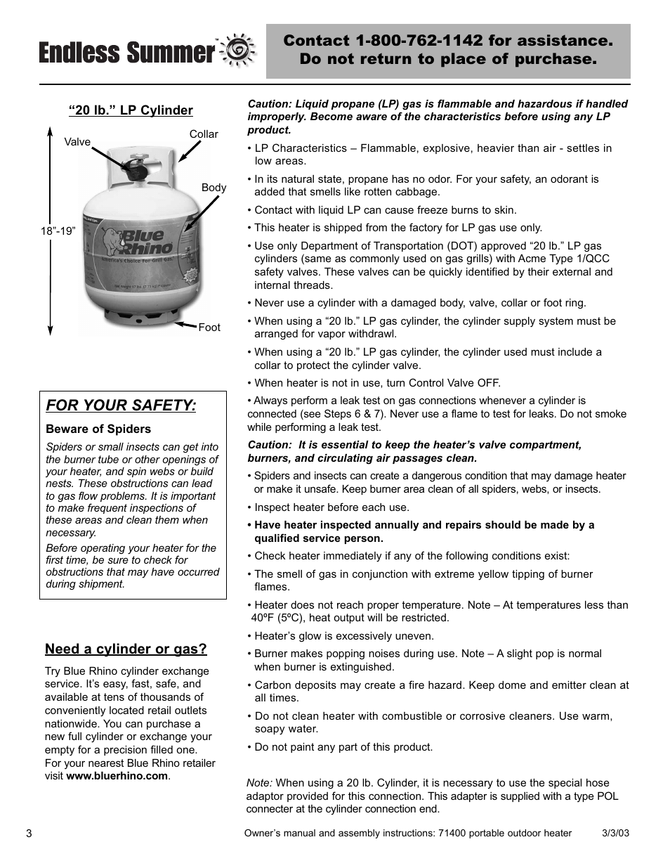 For your safety, Need a cylinder or gas | Blue Rhino 71400 User Manual | Page 4 / 40