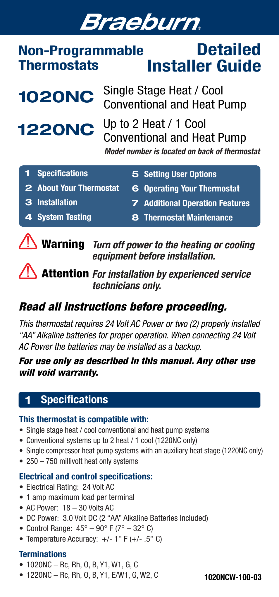 Braeburn 1220NC User Manual | 10 pages