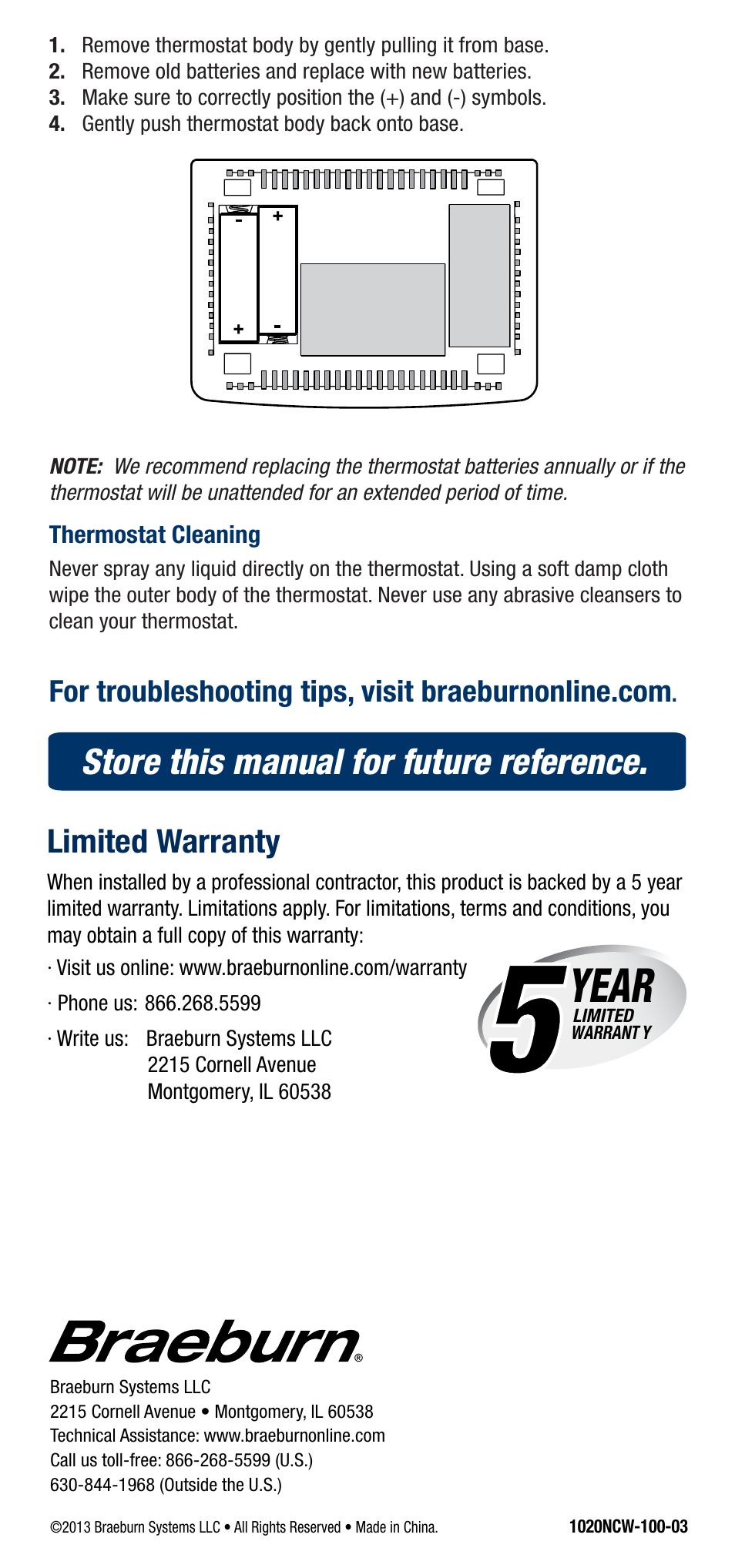 Year, Store this manual for future reference, Limited warranty | Braeburn 1220NC User Manual | Page 10 / 10