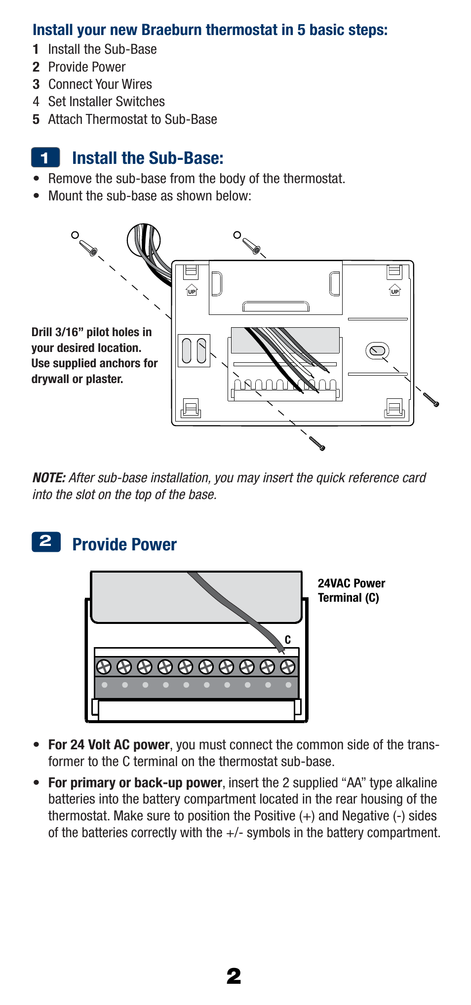 Install the sub-base, Provide power | Braeburn 1220NC User Manual | Page 3 / 10