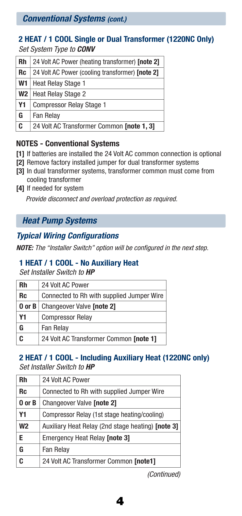 Conventional systems, Heat pump systems | Braeburn 1220NC User Manual | Page 5 / 10