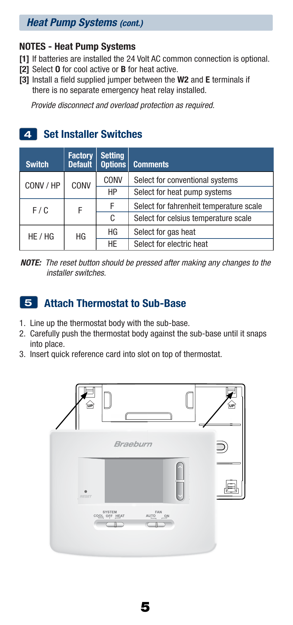 Heat pump systems, Set installer switches, Attach thermostat to sub-base | Braeburn 1220NC User Manual | Page 6 / 10