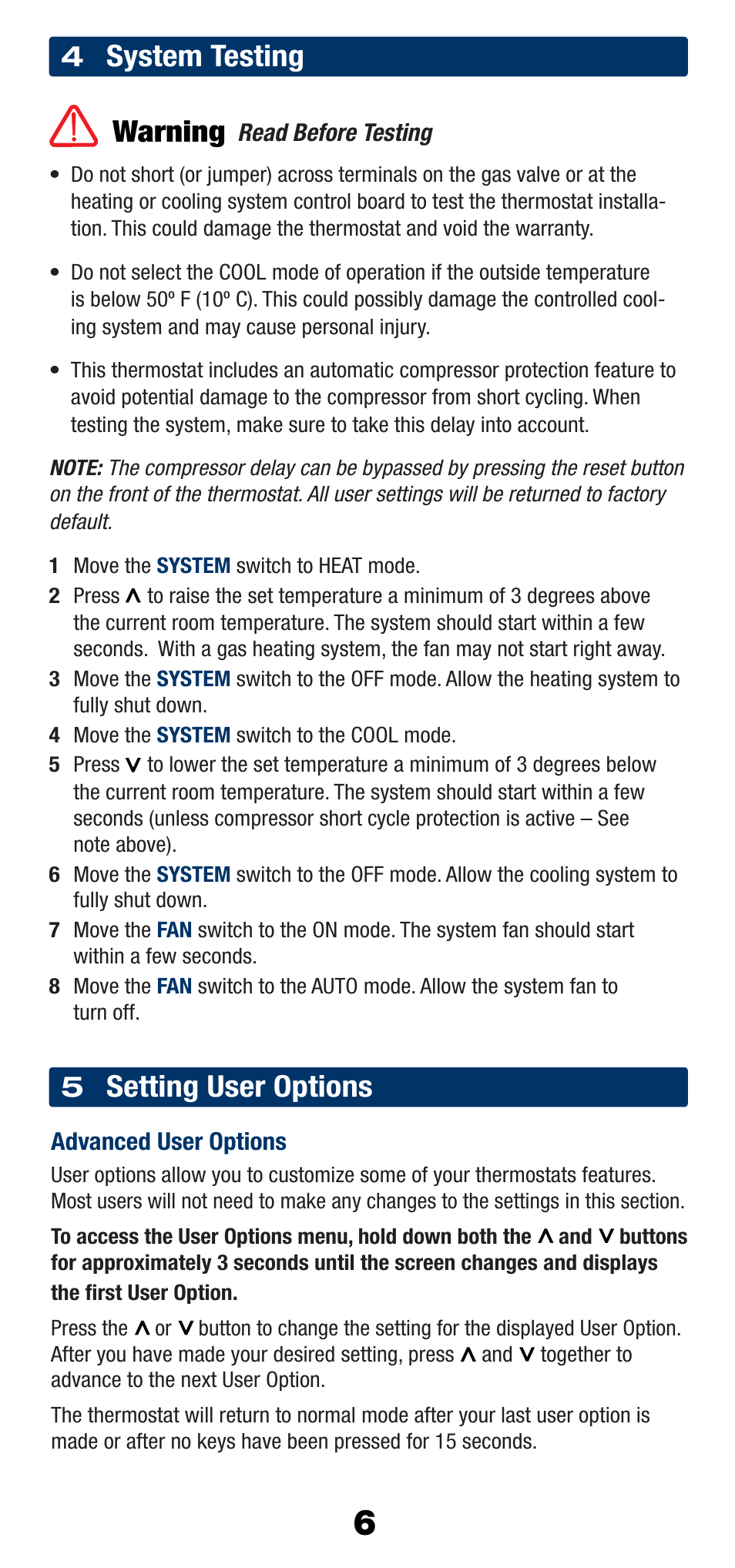 System testing warning, Setting user options | Braeburn 1220NC User Manual | Page 7 / 10
