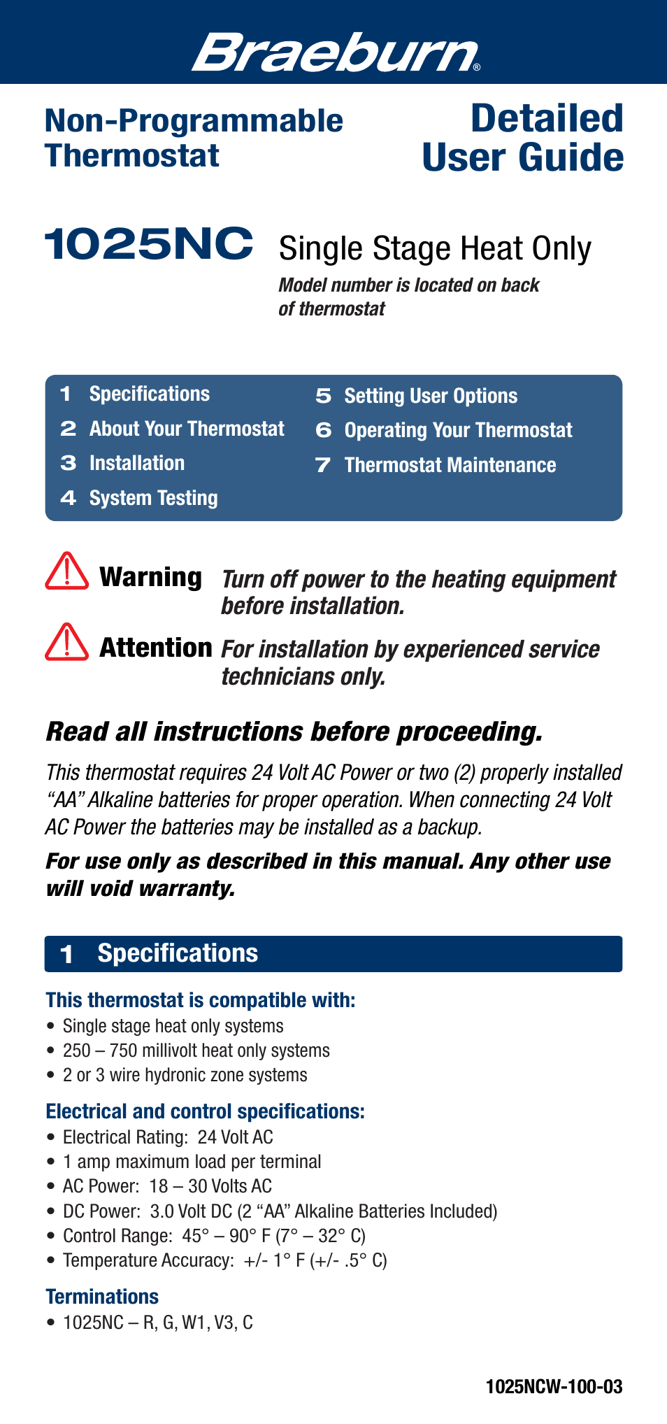 Braeburn 1025NC User Manual | 11 pages