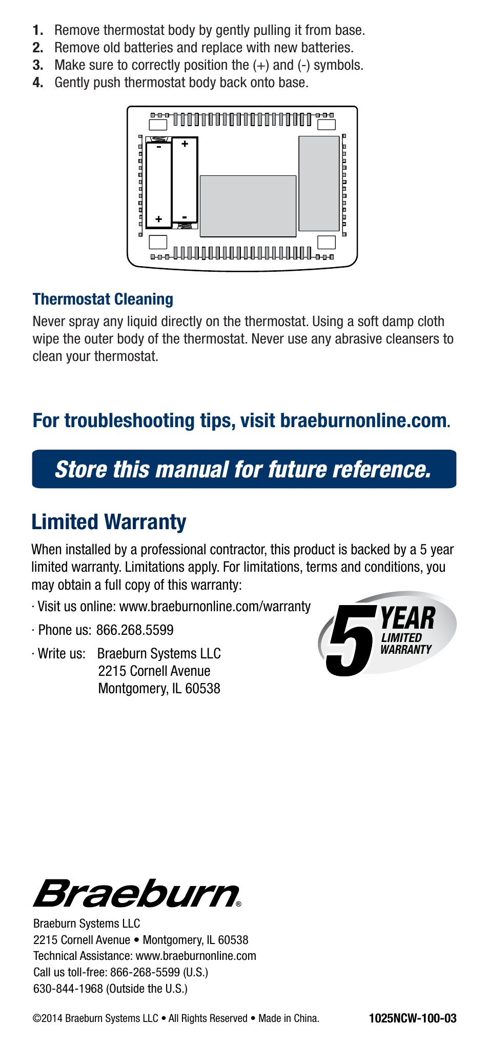 Year, Store this manual for future reference | Braeburn 1025NC User Manual | Page 10 / 11