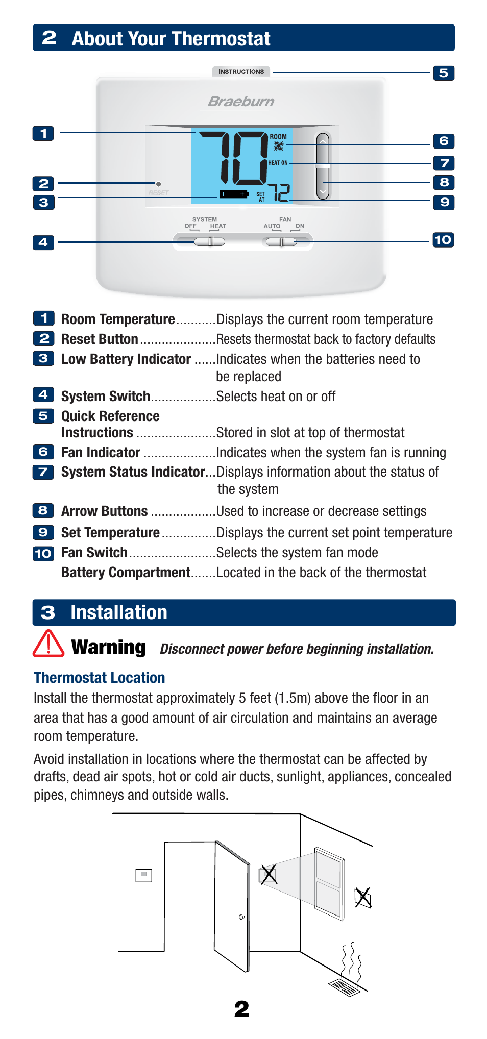 Single stage heat only, About your thermostat, Installation warning | Braeburn 1025NC User Manual | Page 2 / 11