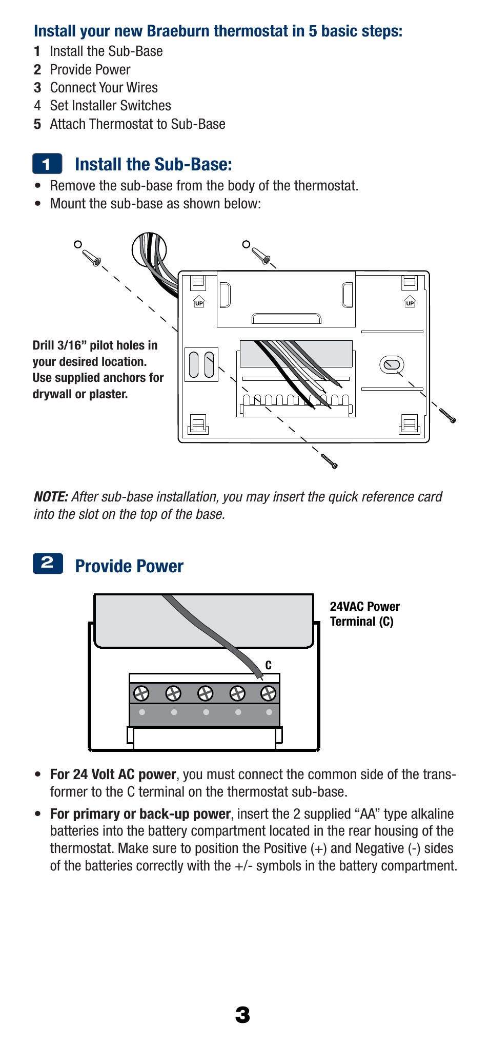 Install the sub-base, Provide power | Braeburn 1025NC User Manual | Page 3 / 11