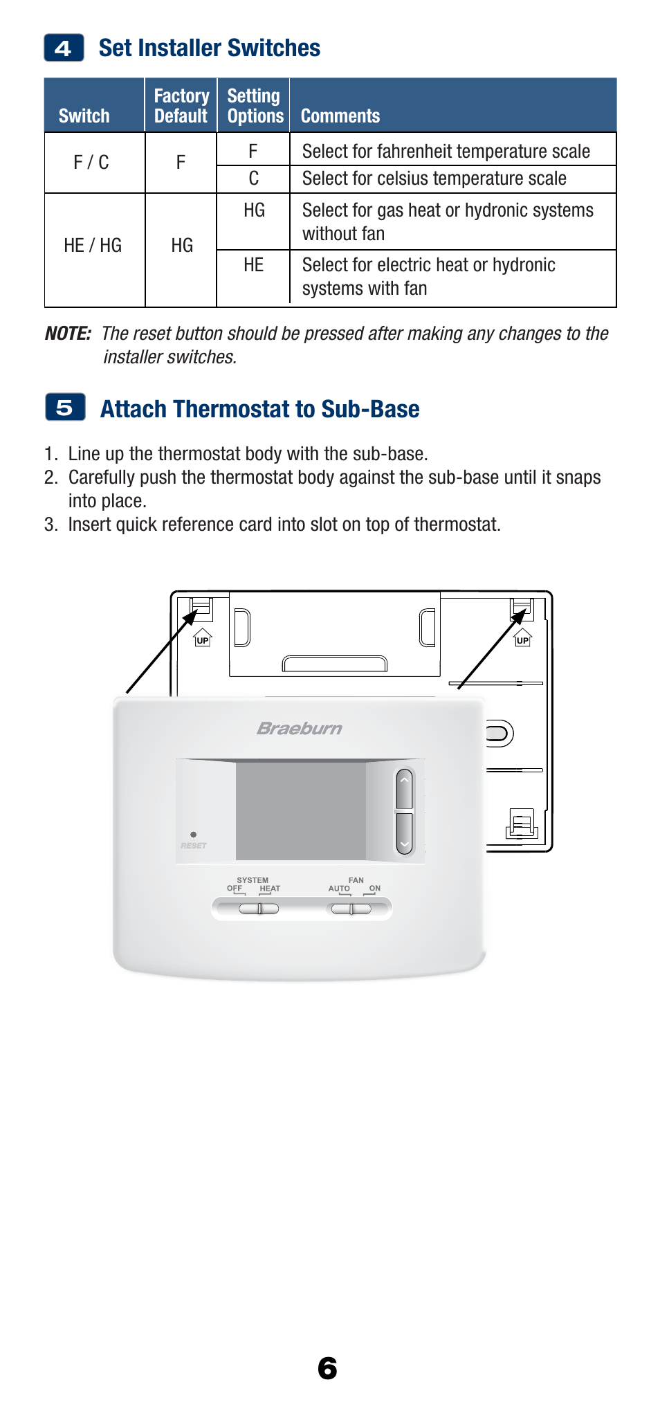 Set installer switches, Attach thermostat to sub-base | Braeburn 1025NC User Manual | Page 6 / 11