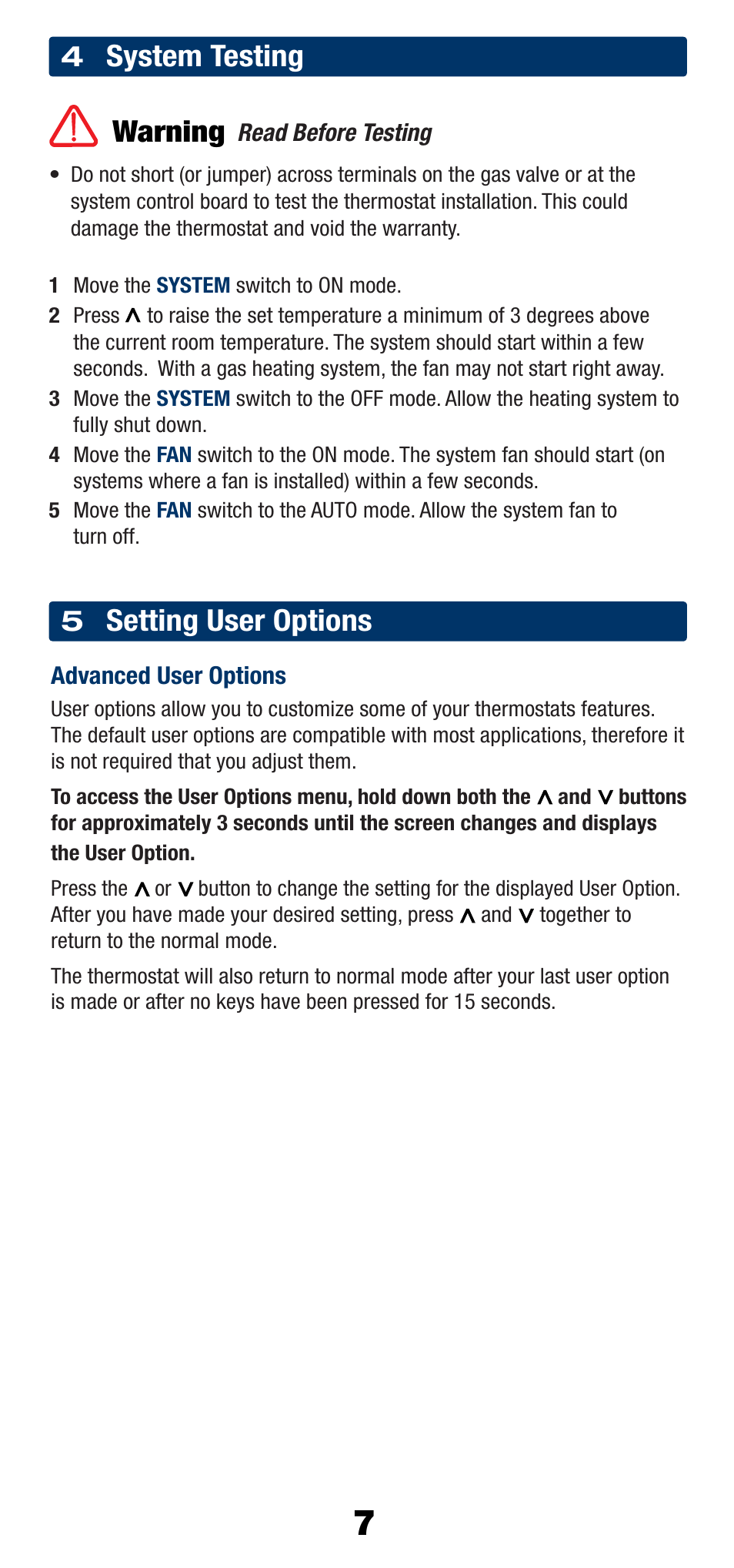 System testing warning, Setting user options | Braeburn 1025NC User Manual | Page 7 / 11